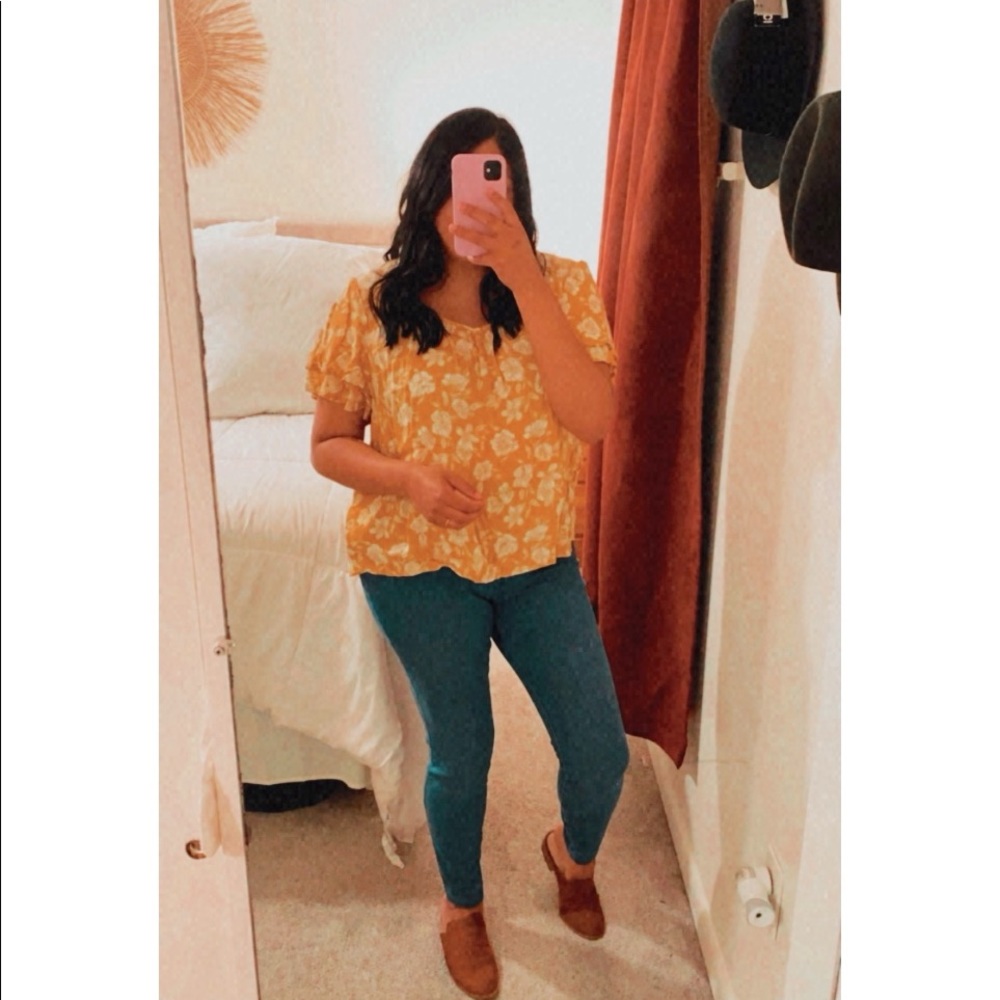 Forever 21 Plus size Floral Print Mustard Shirt